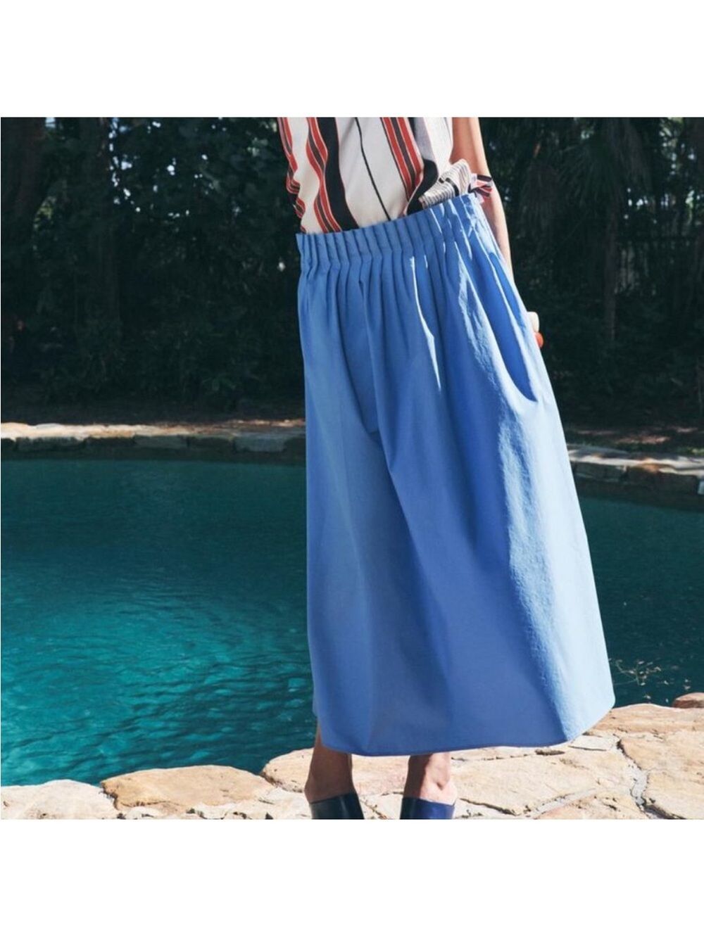 ZARA ZW COLLECTION Poplin High-Waisted Midi Skirt Mid-Blue Size XS